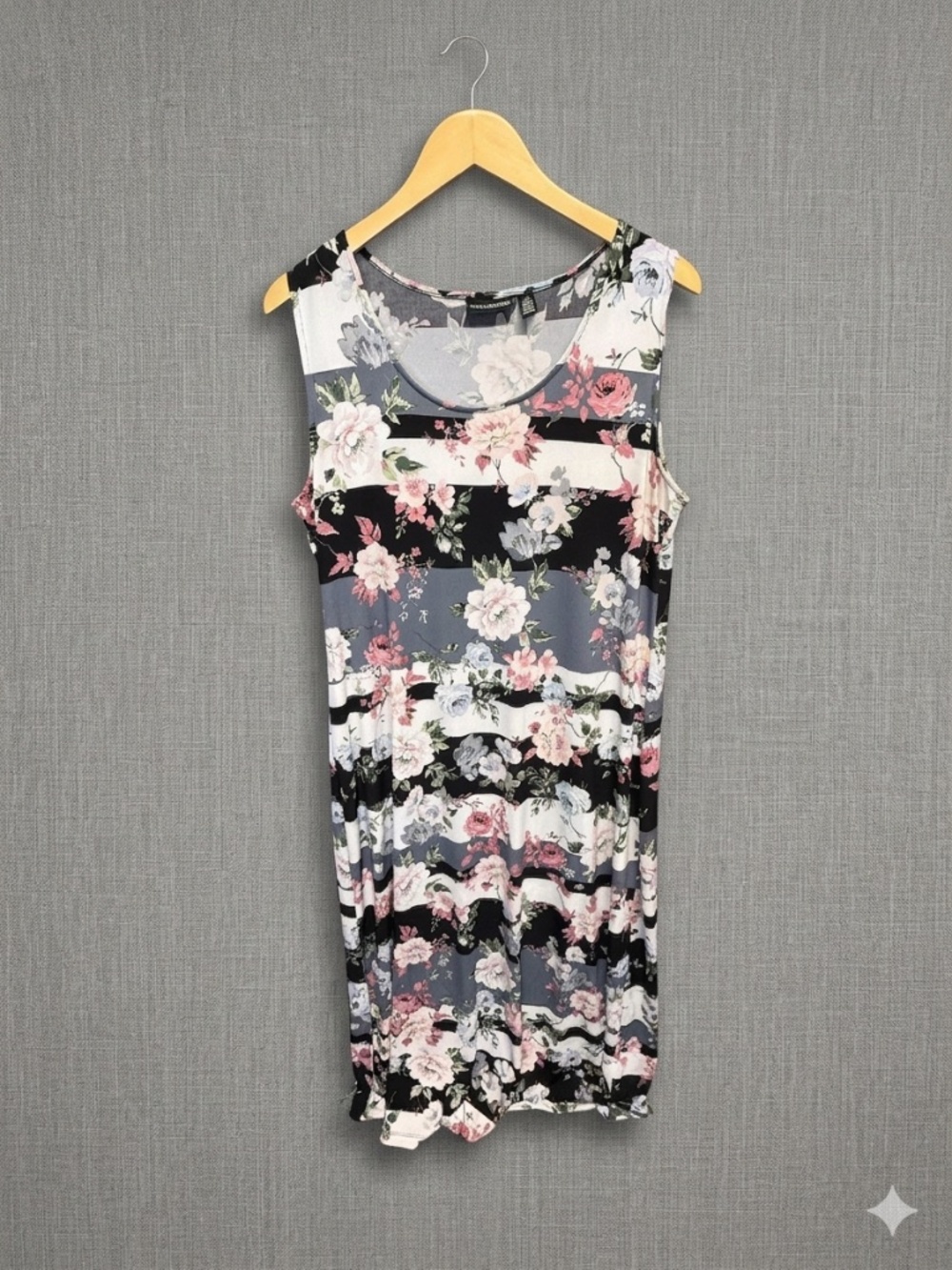 Nina Leonard Floral Striped Maxi Dress XL Sleeveless Pink White Black Gray Knit